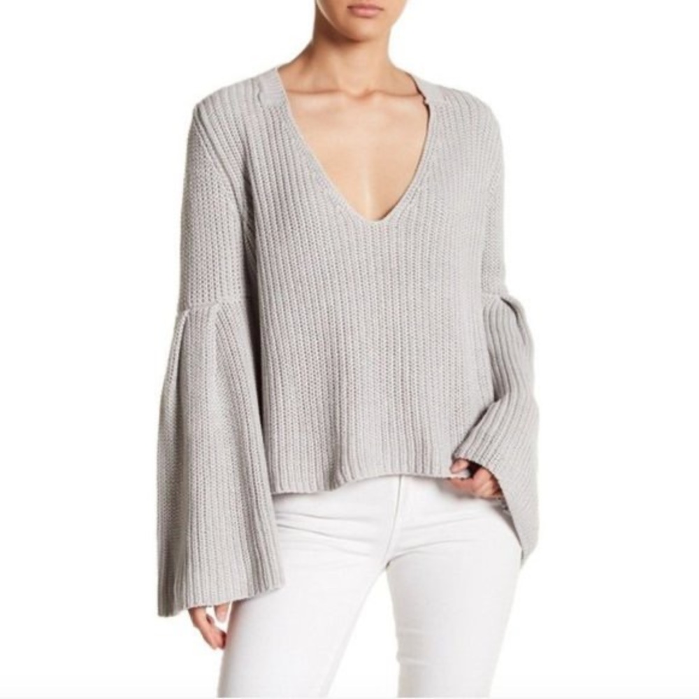 Free People Stone Chinky Knit Dramatic Bell Sleeve Pullover Sweater - Picture 2 of 8